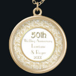 Gold Floral Elegance 50th Wedding Anniversary Gold Plated Necklace<br><div class="desc">Gorgeous gold and white fiftieth Wedding Anniversary Necklace with detailed gold floral lace over white border and white center with gold circle accent. Customize the names and date text with your information.  Matching Anniversary invitations,  ornament and more in my store.</div>