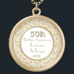 Gold Floral Elegance 50th Wedding Anniversary Gold Plated Necklace<br><div class="desc">Gorgeous gold and white fiftieth Wedding Anniversary Necklace with detailed gold floral lace over white border and white center with gold circle accent. Customize the names and date text with your information.  Matching Anniversary invitations,  ornament and more in my store.</div>