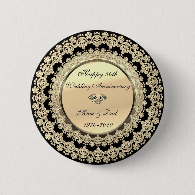 Gold Floral Elegant Black 50th Wedding Anniversary Button (Front)