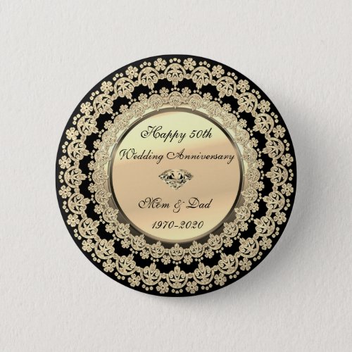 Gold Floral Elegant Black 50th Wedding Anniversary Button