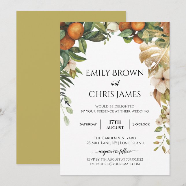 Gold Floral | Elegant Eucalyptus Greenery Wedding Invitation (Front/Back)