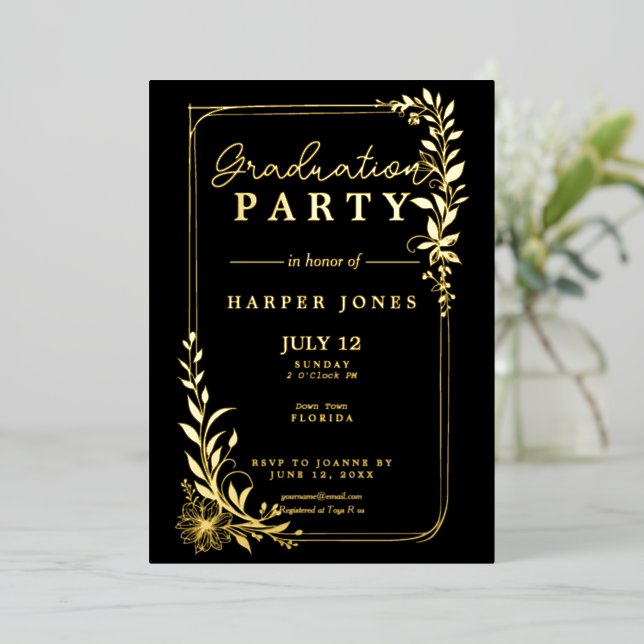 Gold floral elegant Graduation Class of 2025 Foil Invitation (Standing Front)