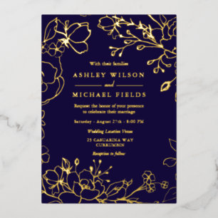 Gold Floral Elegant Navy Modern Wedding Real Gold Foil Invitation