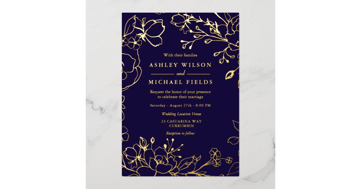 Gold Floral Elegant Navy Modern Wedding Real Gold Foil Invitation | Zazzle