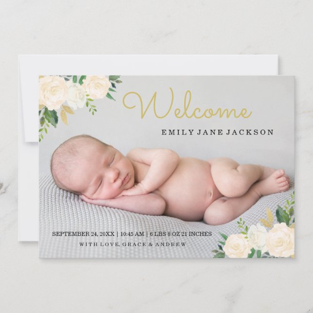 Gold Floral Elegant Photo Birth Announcement (Front)