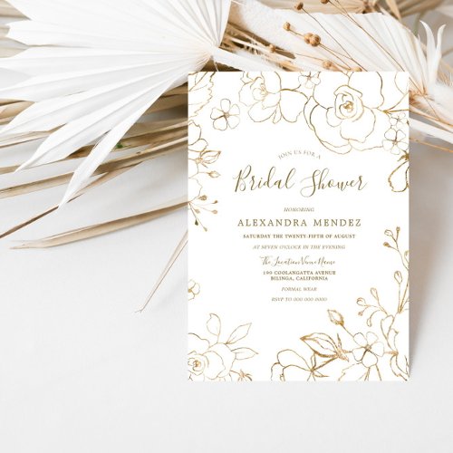 Gold Floral Elegant White Modern Bridal Shower Invitation