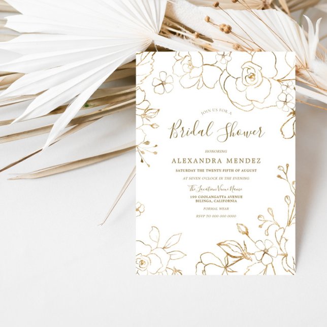Gold Floral Elegant White Modern Bridal Shower Invitation (Creator Uploaded)