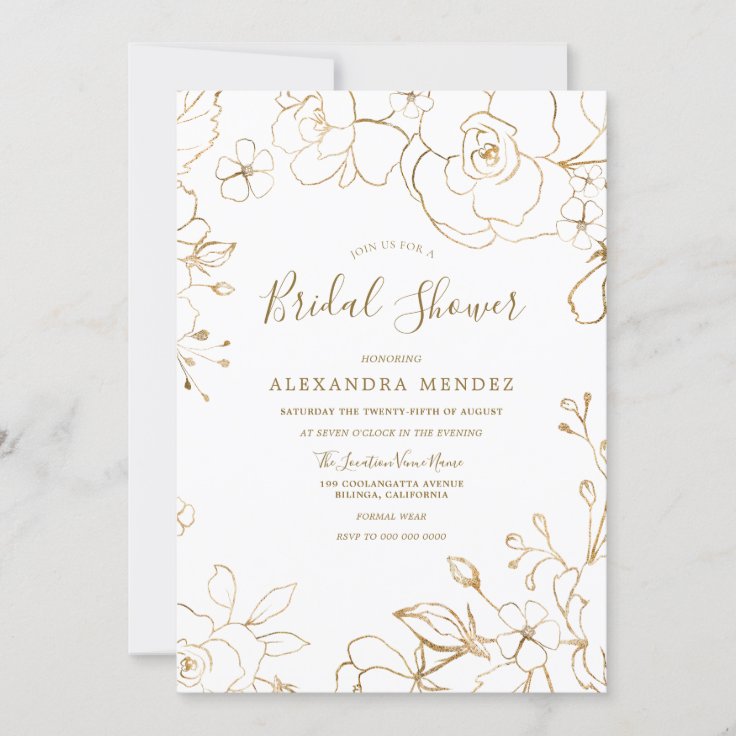 Gold Floral Elegant White Modern Bridal Shower Invitation | Zazzle