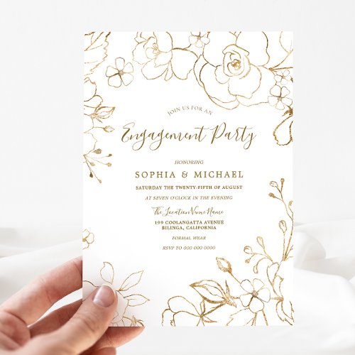 Gold Floral Elegant White Modern Engagement Party Invitation