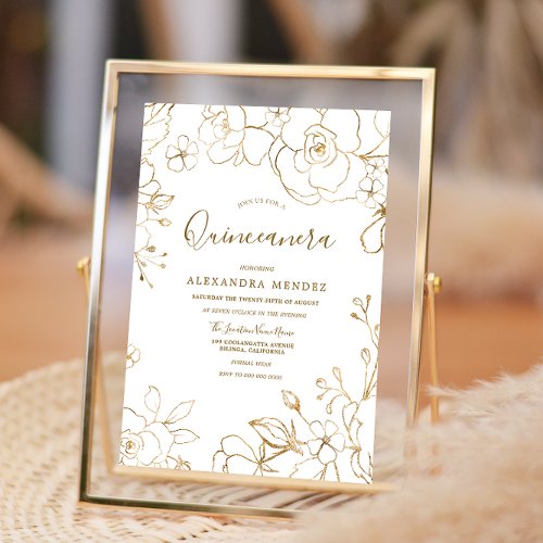 Gold Floral Elegant White Modern Quinceanera Party Invitation