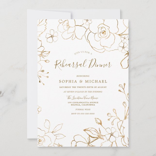 Gold Floral Elegant White Modern Rehearsal Dinner Invitation (Front)