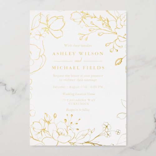 Gold Floral Elegant White Modern Wedding Real Gold Foil Invitation