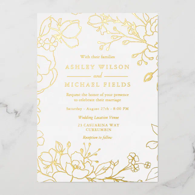 Gold Floral Elegant White Modern Wedding Real Gold Foil Invitation | Zazzle