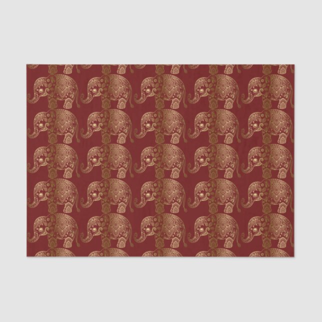 Gold Floral Elephant Pattern On Dark Red Tissue Paper (Front)