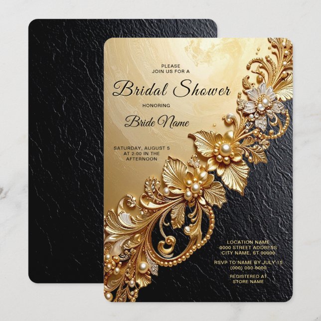 Gold Floral Embellishments Bridal Shower Invitation (Front/Back)