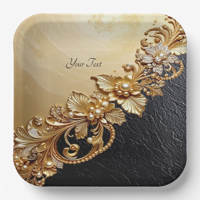 Gold Floral Embellishments Paper Plate (Front)