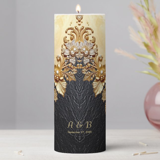 Gold Floral Embellishments Pillar Candle (In Situ)