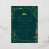 Gold floral emerald green Tiara chic Quinceanera Foil Invitation (Standing Front)