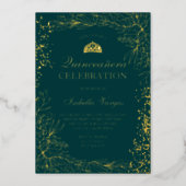 Gold floral emerald green Tiara chic Quinceanera Foil Invitation (Front)
