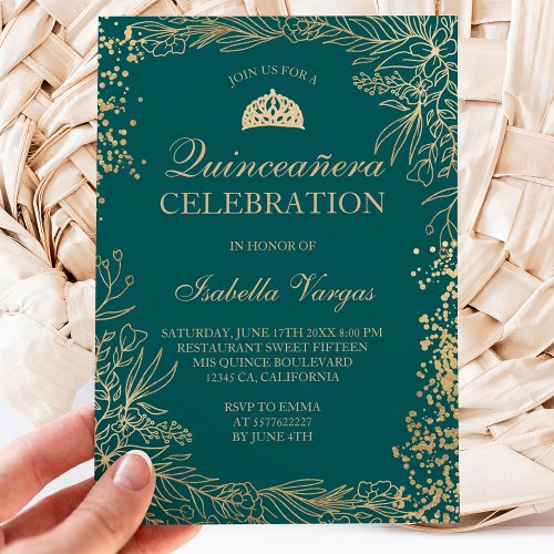 Gold floral emerald Tiara chic Quinceaera Invitation