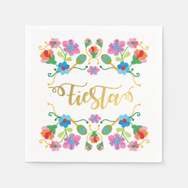 Gold Floral Fiesta Mexican Embroidery Napkins (Front)
