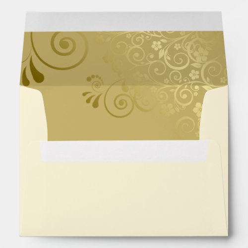 Gold Floral Filigree Elegant Curls Cream Wedding Envelope