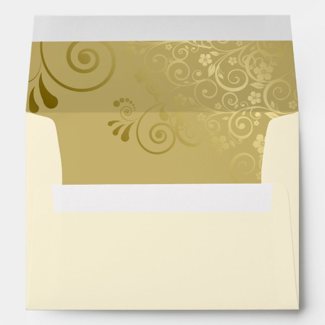 Gold Floral Filigree Elegant Curls Cream Wedding Envelope (Back (Bottom))