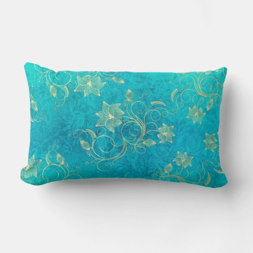 Gold Floral Filigree on Turquoise Lumbar Pillow