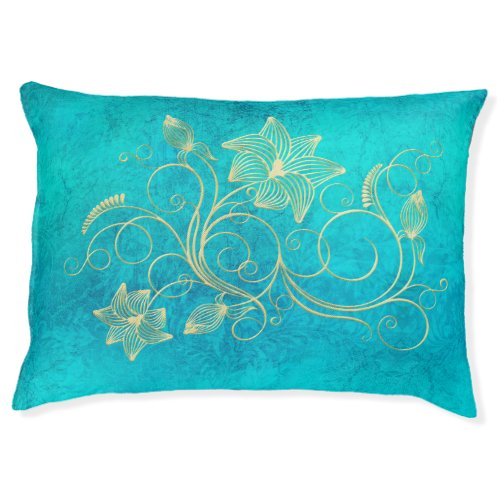 Gold Floral Filigree on Turquoise  Pet Bed