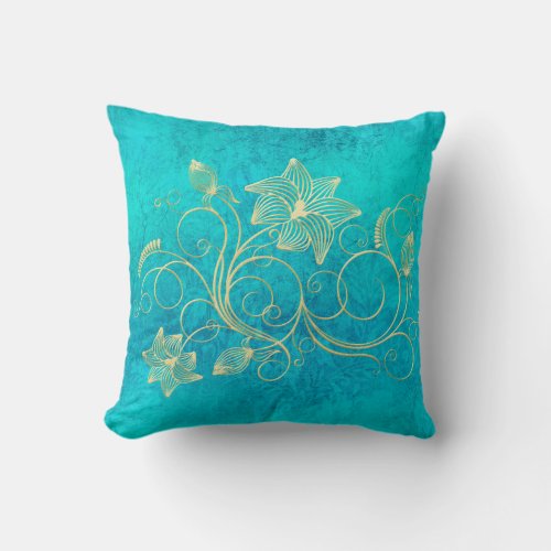 Gold Floral Filigree on Turquoise Throw Pillow