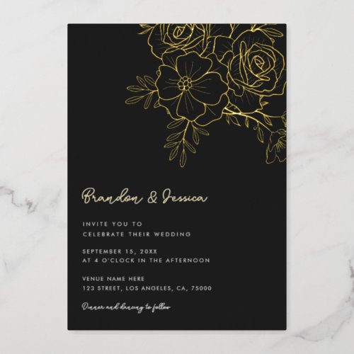 Gold Floral Foliage  Simple Script Wedding Real Foil Invitation