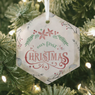 Gold, Floral Frame Christmas Married Glass Ornament