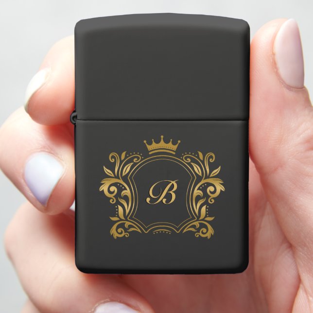 Gold Floral Frame Crown Monogram Zippo Lighter (In Hand)