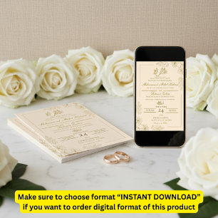 Gold Floral Frame Elegant White Paper Modern Nikah Invitation