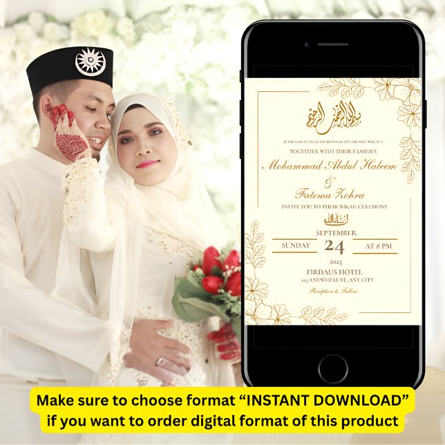 Gold Floral Frame Elegant White Paper Modern Nikah Invitation (Creator Uploaded)