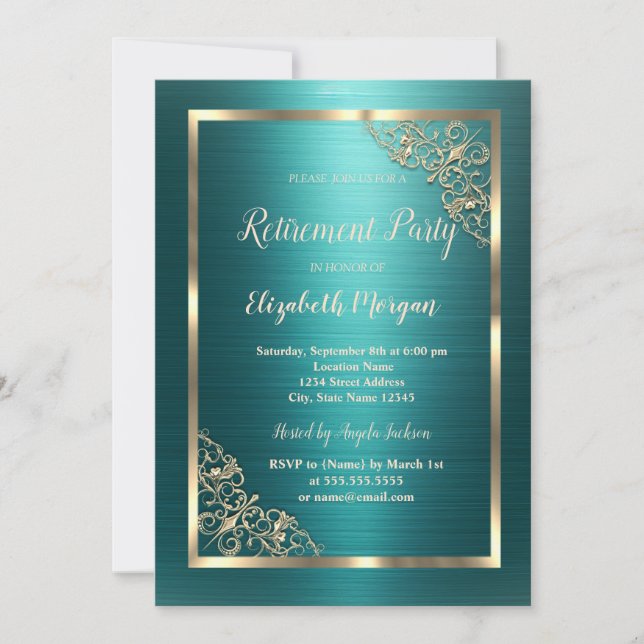 Gold Floral Frame Green Metallic Retirement Invitation (Front)