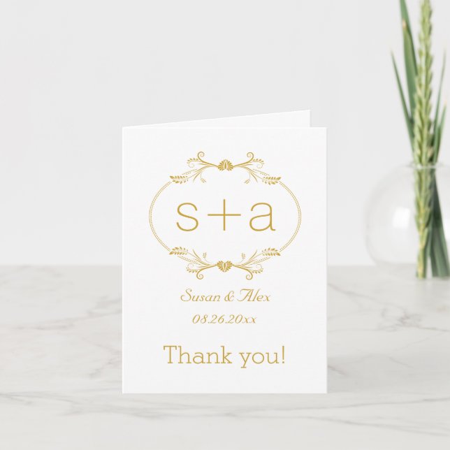 Gold floral frame initials wedding Thank You photo (Front)