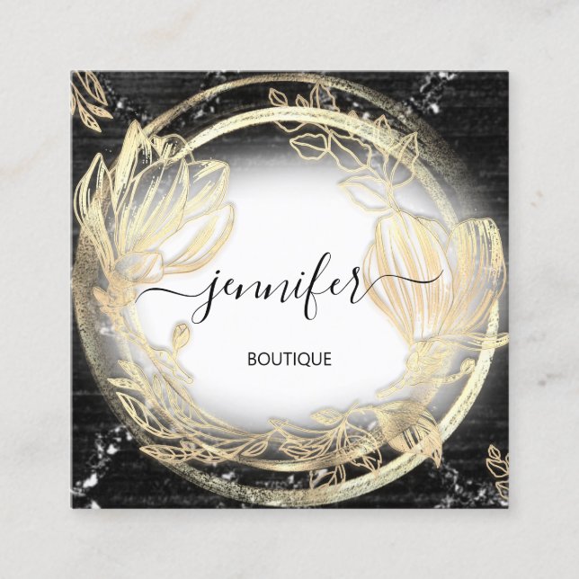 Gold Floral Frame QRCode Logo Black White Square Business Card (Front)