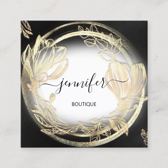 Gold Floral Frame QRCode Logo Black White Square Business Card (Front)