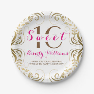 Gold Floral Frame Sweet 16 Template Paper Plates