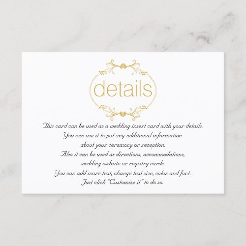 Gold floral frame wedding details insert card