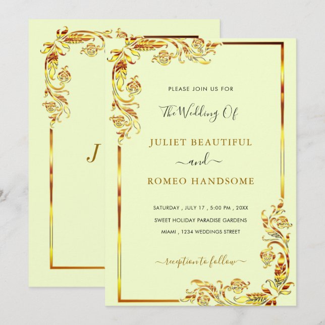 Gold Floral Frame Wedding Invitation Template (Front/Back)