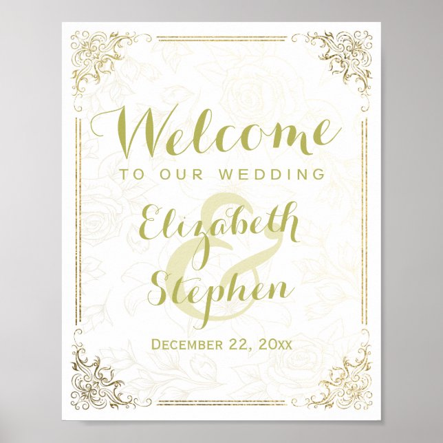 Gold Floral Frame Welcome Wedding Reception Sign (Front)