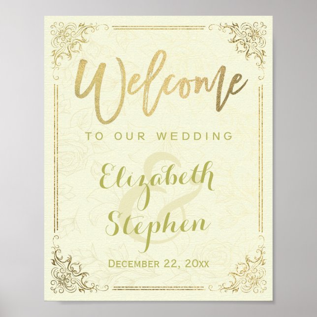 Gold Floral Frame Welcome Wedding Reception Sign (Front)