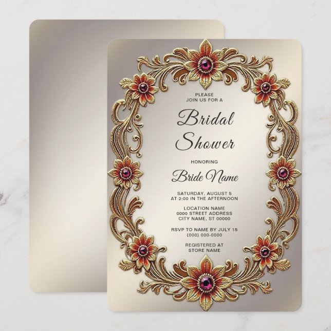 Gold Floral Frame with Red Stones Bridal Shower Invitation (Front/Back)