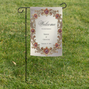 Gold Floral Frame with Red Stones Garden Flag