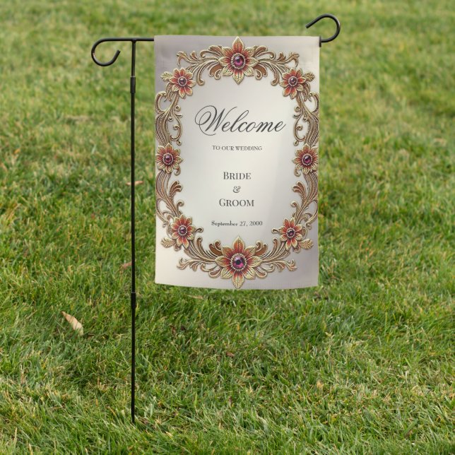 Gold Floral Frame with Red Stones Garden Flag (In SItu)