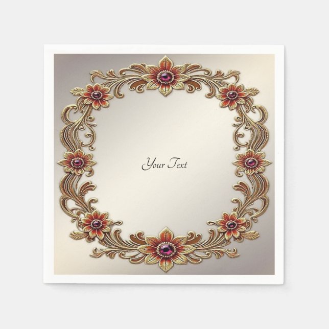 Gold Floral Frame with Red Stones Napkins (Front)