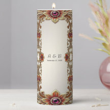 Gold Floral Frame with Red Stones Pillar Candle