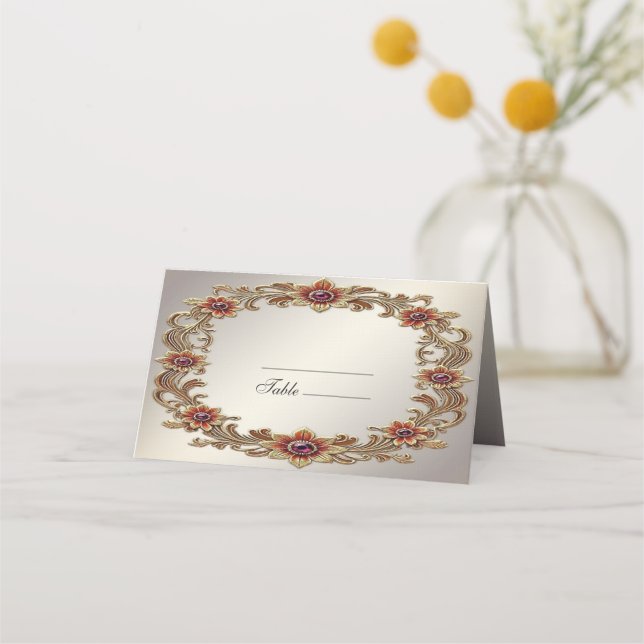 Gold Floral Frame with Red Stones Place Card (Front)
